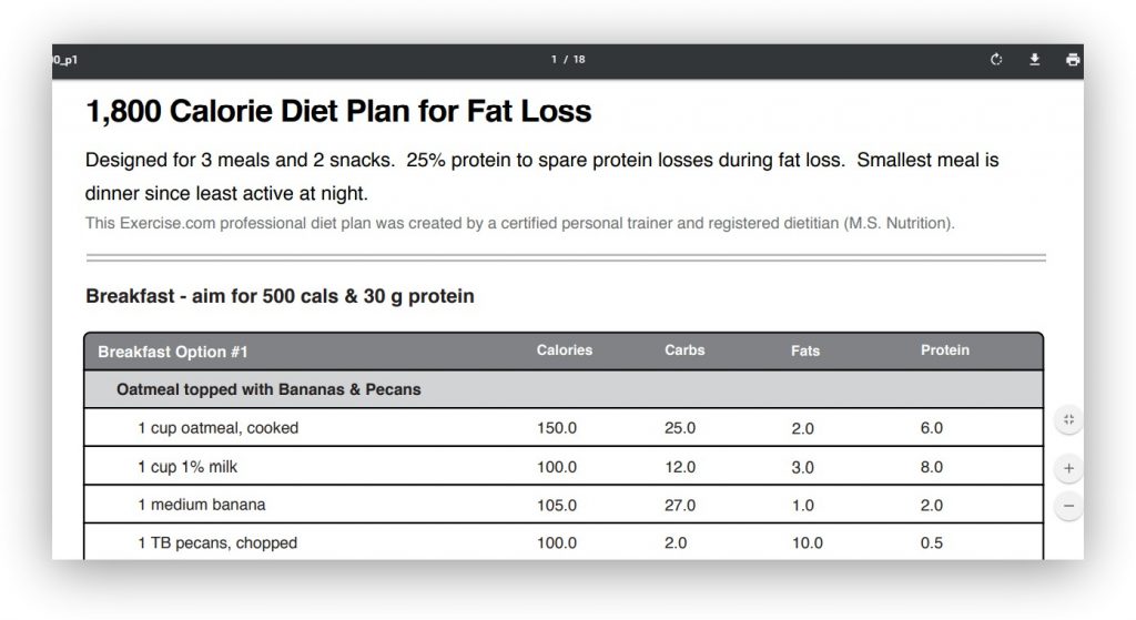Exercise.com: план питания