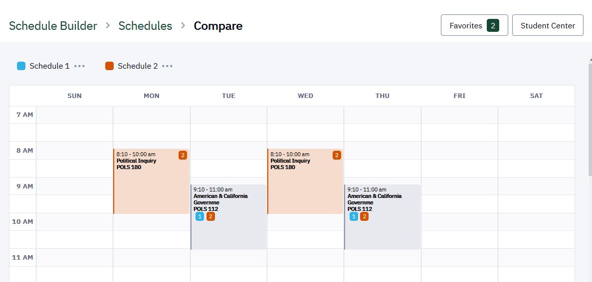 Compare two schedules. Schedules overlap so the user can see key differences. 