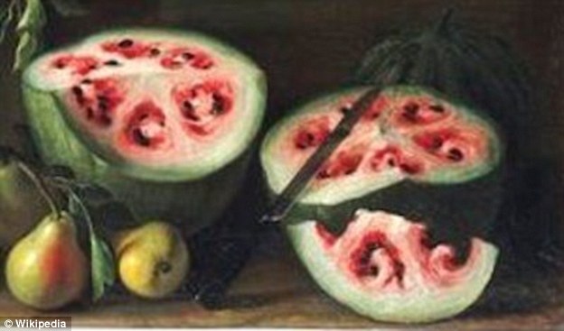 Wild watermelon (pictured).The painting which was created between 1645 and 1672, shows swirly shapes in the center that is marked off in six separate sections. Humans have designed watermelons to have the red, fleshy center