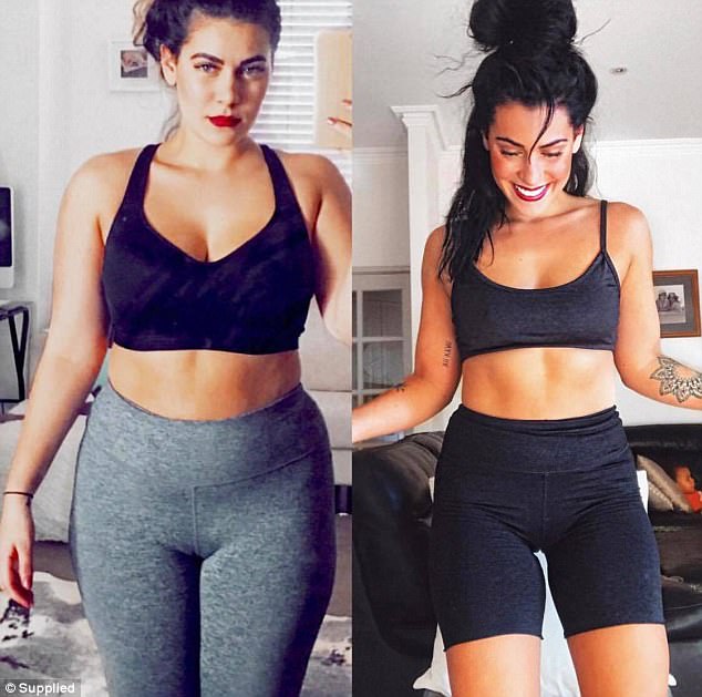 Now, the 26-year-old (before, left, and after, right) will work out three times a week - focusing on her legs, arms and abs and full body - she also factors in walks