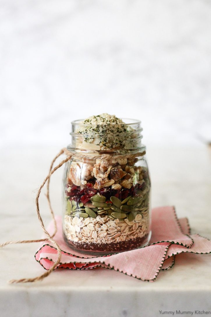 This beautiful jar layered with muesli ingredients like oats, seeds, and dried fruit is a great healthy DIY edible gift idea. 
