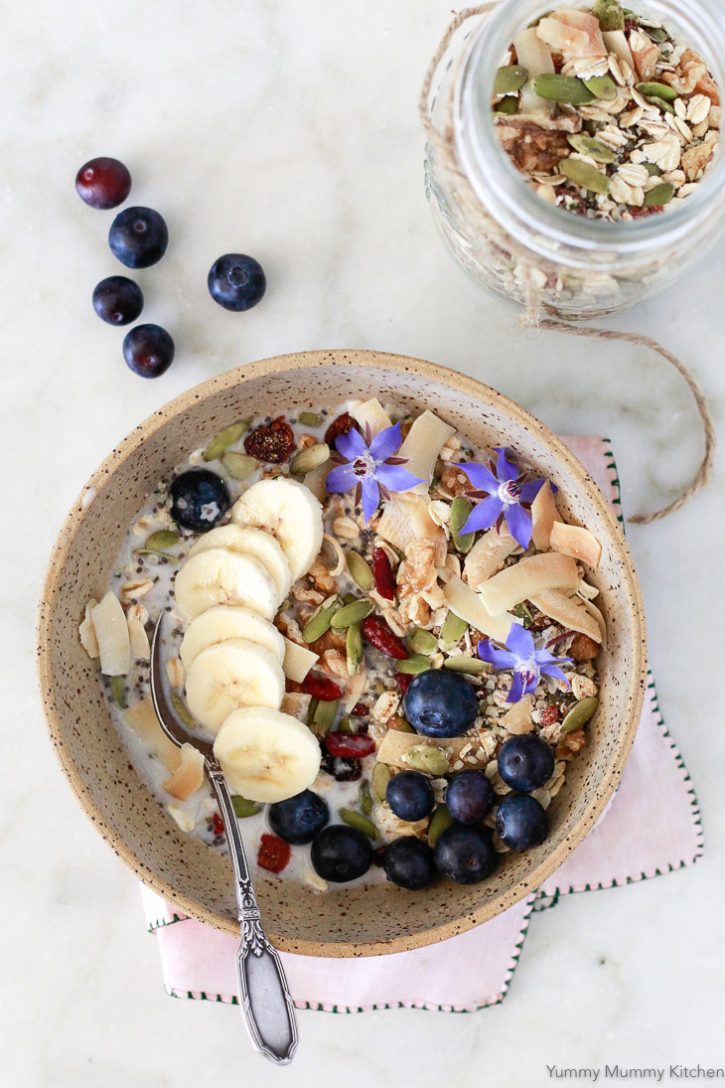This easy muesli recipe makes a healthy vegan breakfast. It can be soaked overnight or eaten hot or cold. This muesli is loaded with superfoods like chia, hemp, and pumpkin seeds. 