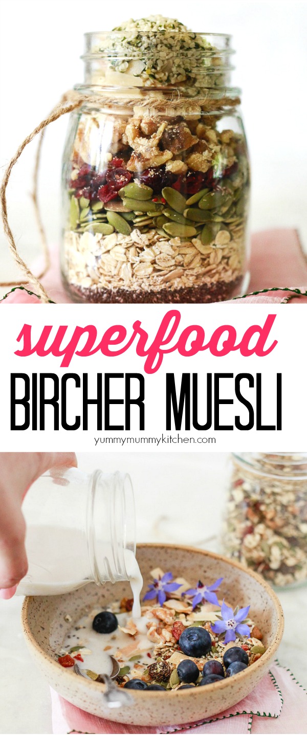 This easy superfood bircher muesli recipe makes a beautiful homemade edible gift and healthy breakfast. Muesli can be eaten hot or cold and made the night before. This superfood muesli is loaded with chia, hemp, and pumpkin seeds, oats, dried fruit, and nuts. It